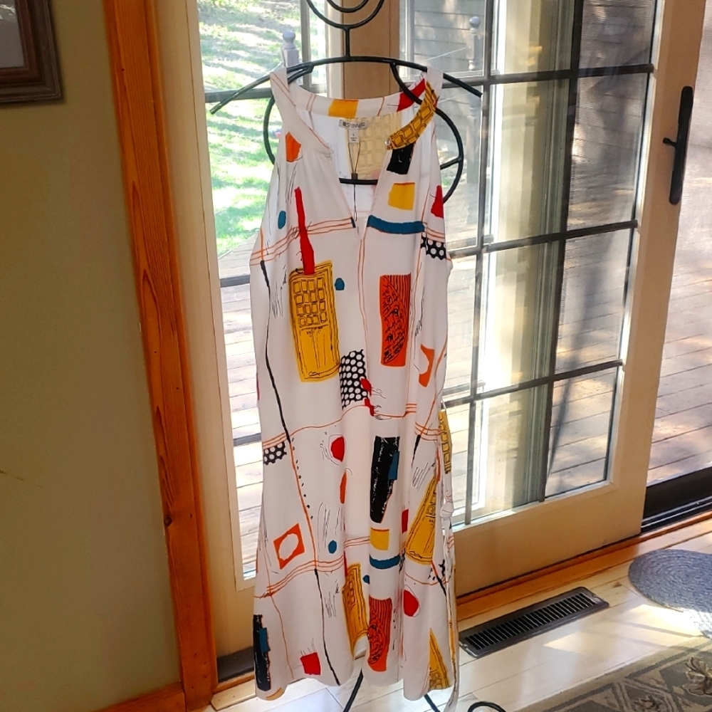 Spanner Colorful Abstract Print Antigua White Sz. L Dress with Belt NWT